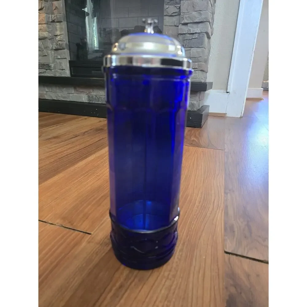 Vintage Style Cobalt And Silver Tone Straw Dispenser barber sanitizer 10” S17